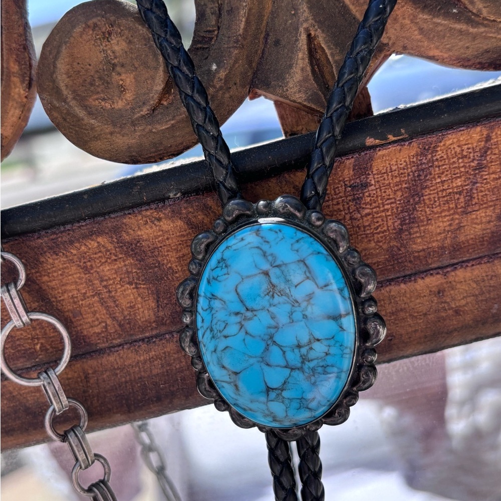 Turquoise and Black Bolo Tie Necklace